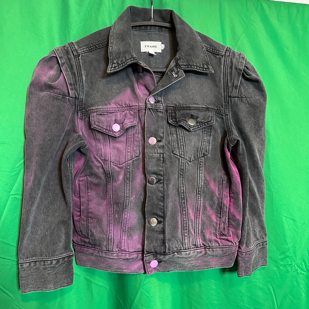 FRAME Denim layered shoulder spray painted jean jacket